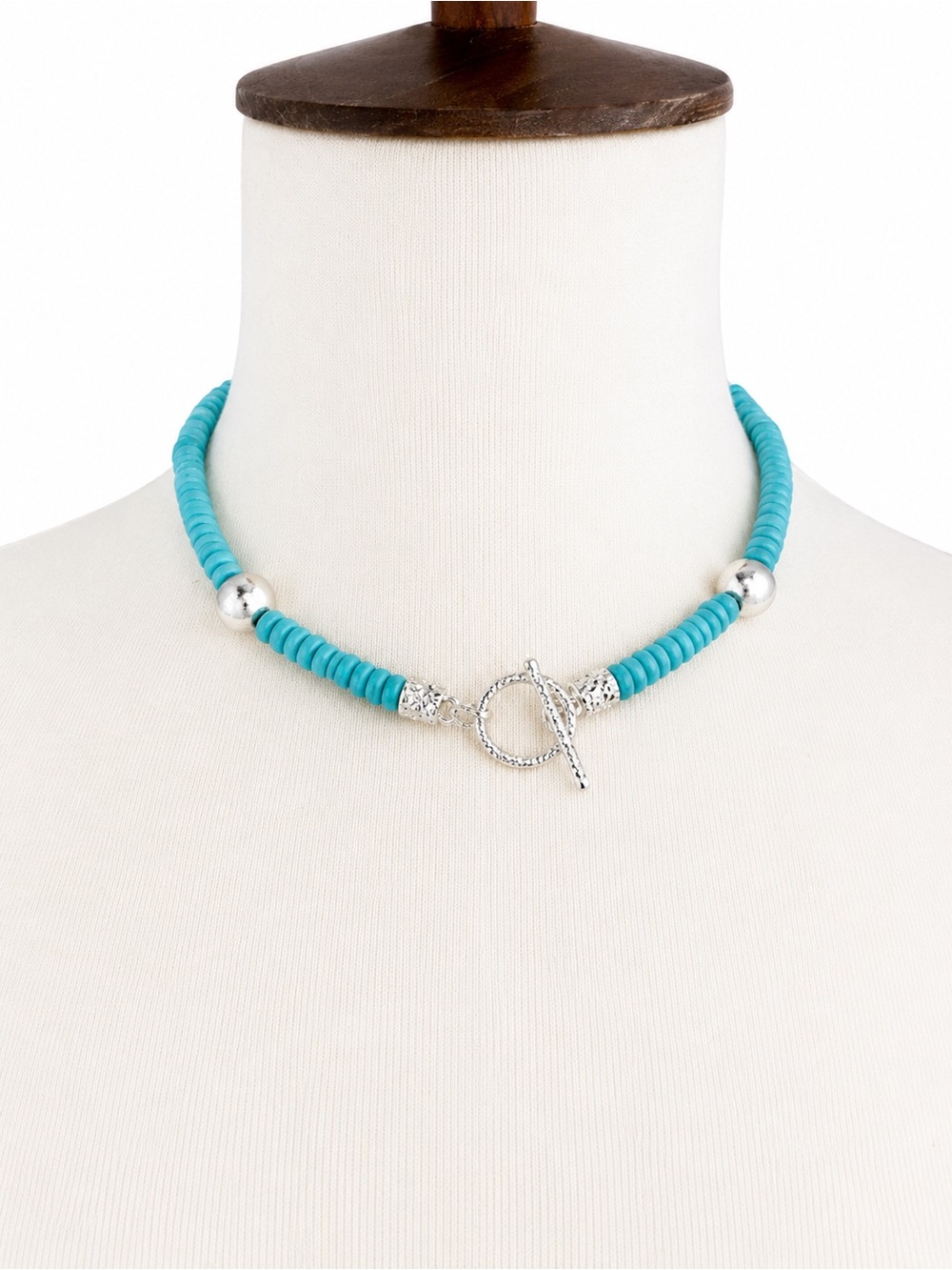 Turquoise Silver Beaded Necklace NEW! Handmade Choker Toggle Jewelry